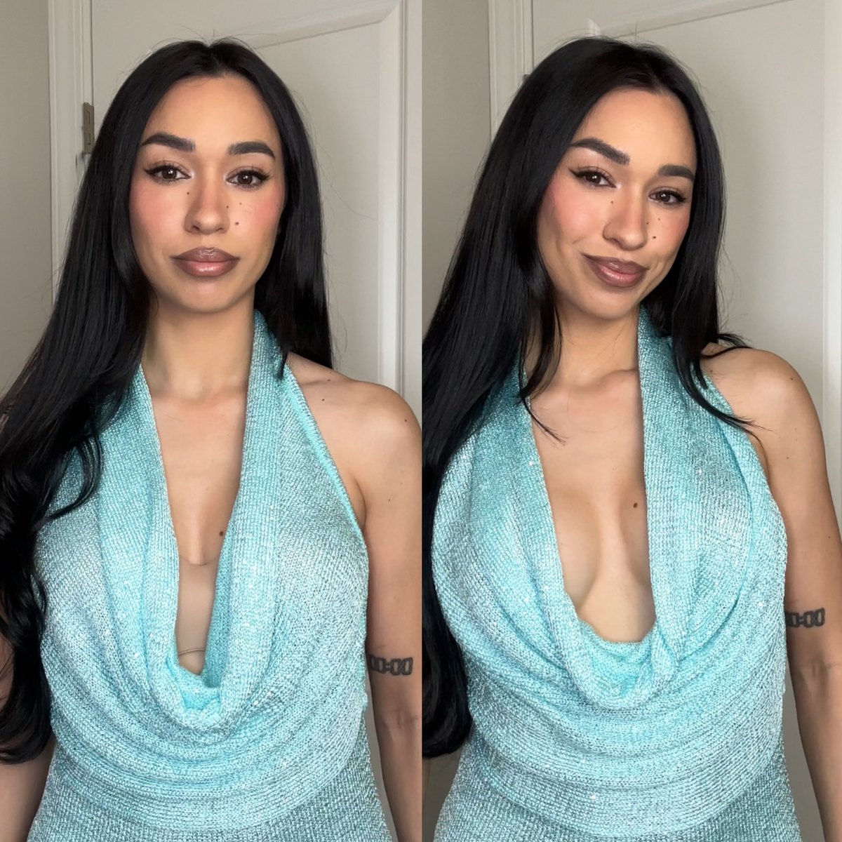 Jolene in a cowl-neck halter dress, before and after No-Show Extra Lift