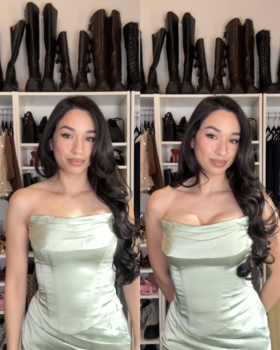 Jolene, before and after in a sage satin corset top